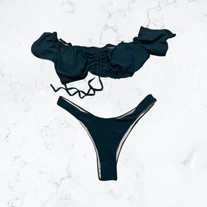 Shein Teal Blue Sexy Off the shoulder Tie Front Bikini Set Swimsuit Sz L NWOT